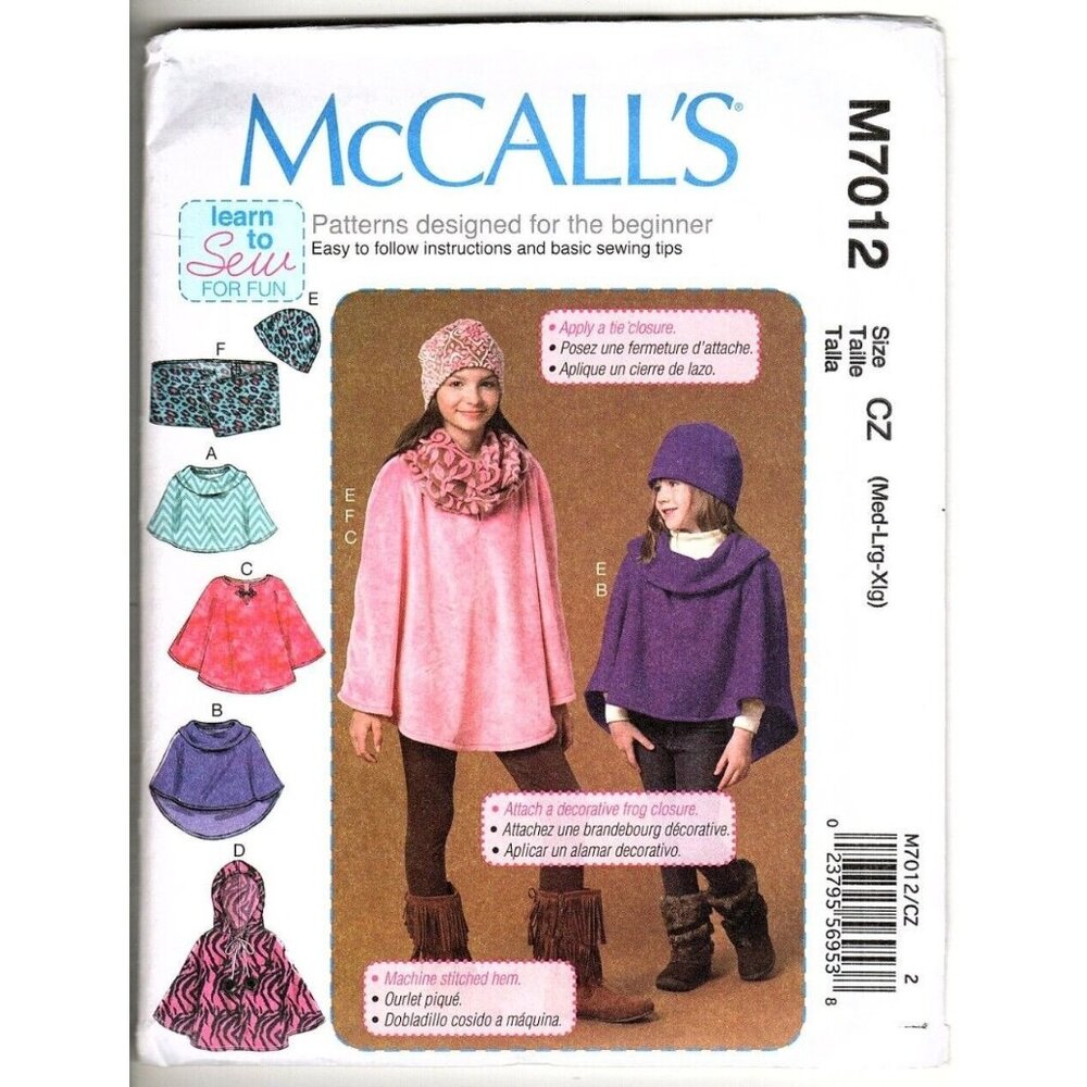 McCall's M7012 Girls M to XL Easy Poncho, Hat and Scarf Sewing Pattern New
